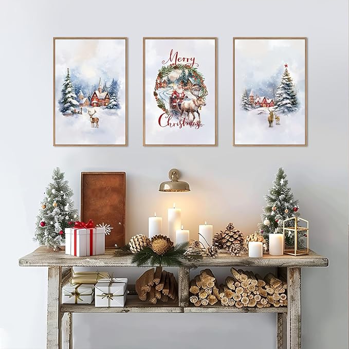 HPINUB Christmas Santa Reindeer Framed Canvas Wall Art Set Sleigh Deer Winter Snow Forest Tree Wall Decor Wonderland Art Print for Living Room,Bedroom,Party-16" x24"x3