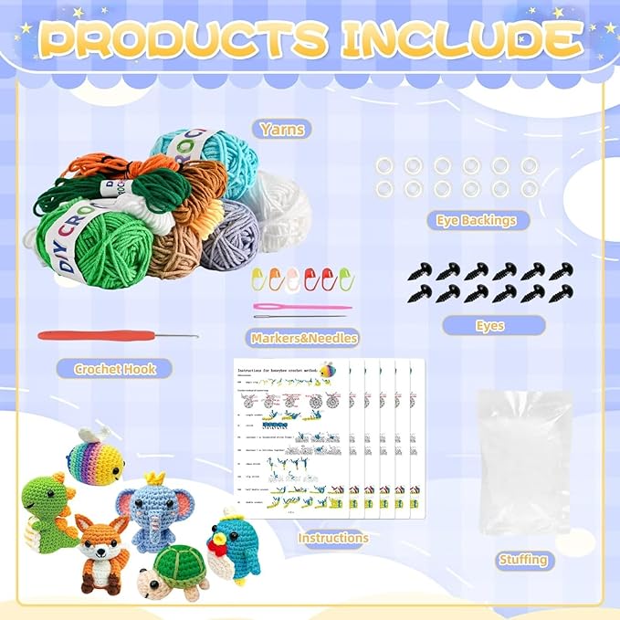 OLHKYN 6Pcs Crochet Kit for Beginners, 2025 DIY Craft for Adults and Kids, Great Gift for Crochet Lovers, Crocheting Animal Kits with Step by Step Videos,Yarn,Crochet Hook,Birthday Holiday Gift