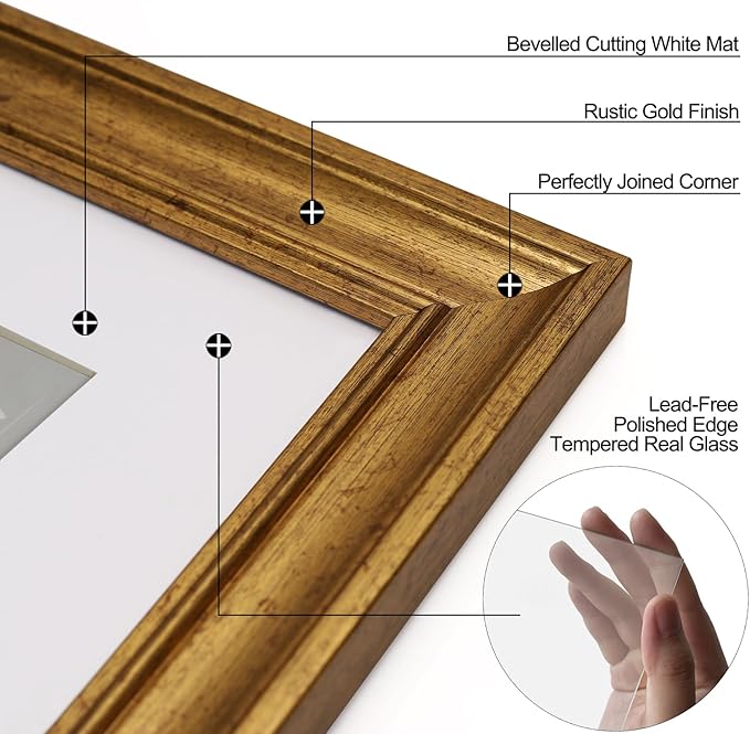 Yaetm 8x10 Picture Frame Matted to 5x7 Set of 4, 1.4” Wide Molding & Rustic Gold Photo Frames 8 x 10 with Tempered Glass, Display on Tabletop & Wall Mounting (4 pack, Gold)