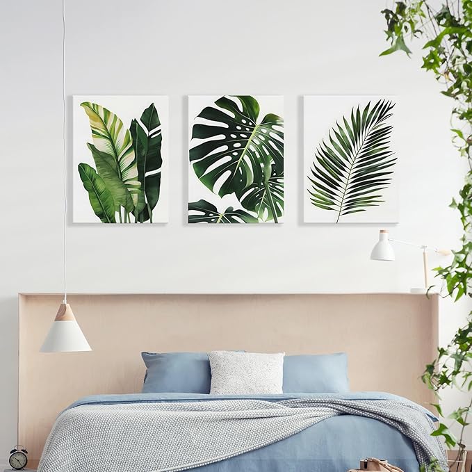3pcs Framed Canvas Prints Botanical Leaf Modern Plant Palm Leaves Banana Leaf Tropical Wall Art Decor Canvas Poster Gallery Bathroom Bedroom Living Room Office 12x16Inch Ready to Hang
