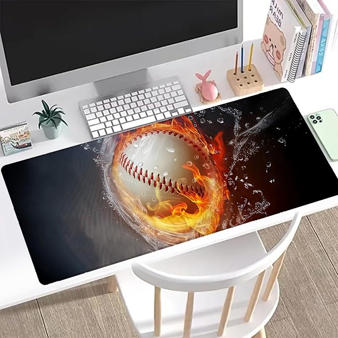Fire & Ice Baseball Gaming Mouse Pad, Office Desk Mat, Anti-Slip Rubber Base Cool Aesthetic Mouse Pads for Computer Laptop Keyboard School Home Desktop Gamer Home Accessories Decor 31.5" x 11.8"