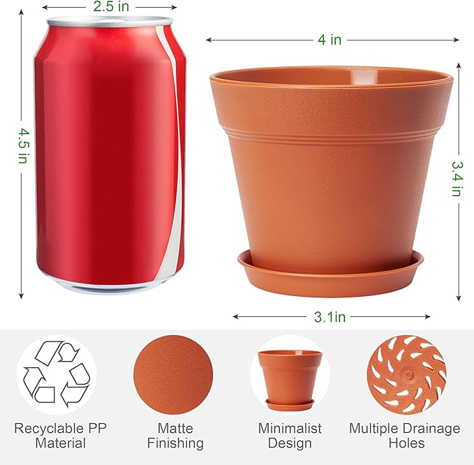 4 Inch Plastic Plant Pots 6 Pack, Small Flower Pots with Drainage Holes and Tray, Thickened Indoor Planters Seedlings Nursery Pots, African Violet, Succulent and All House Plants, Terracotta