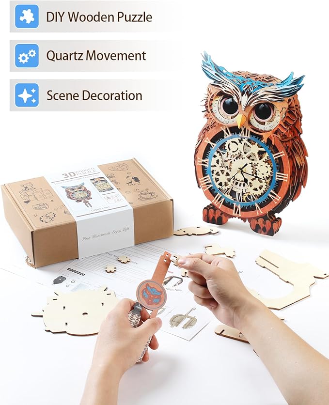 3D Wooden Puzzles for Adults, Owl Clock with Pendulum Model Kit, 3D Puzzles for Adults Room Home Decor DIY Wall Clock Kit, Holiday Birthday Christmas Day Gifts for Men Women Teens