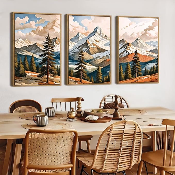 Large Woodcut Style Mountains Framed Canvas Wall Art,Vintage Pine Trees Wall Decor,Boho Natural Snow Ridge Artwork,Modern Woodland Landscape Art Print for Living Room,Bedroom,Office- 16"x24"x3