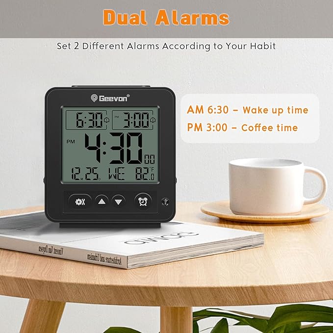 Geevon Smart Night Light Small Digital Alarm Clock with 2 Increasing Beep Alarm, Indoor Temperature, Battery Operated Travel Clock for Bedroom, Bedside, Desk(Black)