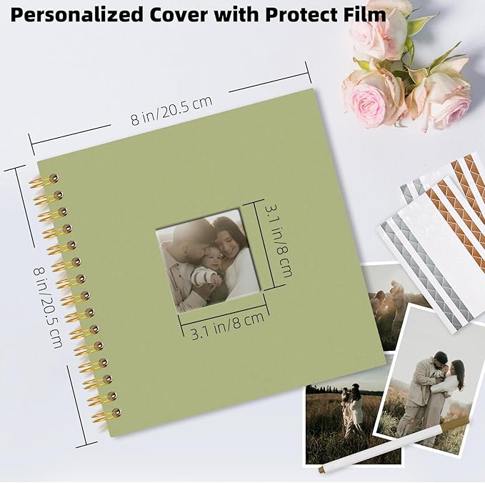 Vienrose 8 x 8 Inch Scrapbook Photo Album, Linen Hardcover Photo Book with 40 White Pages, DIY Memory Book Kit with Accessories for Wedding, Baby Shower, Travel, Christmas (LightGreen, 20 Sheets)