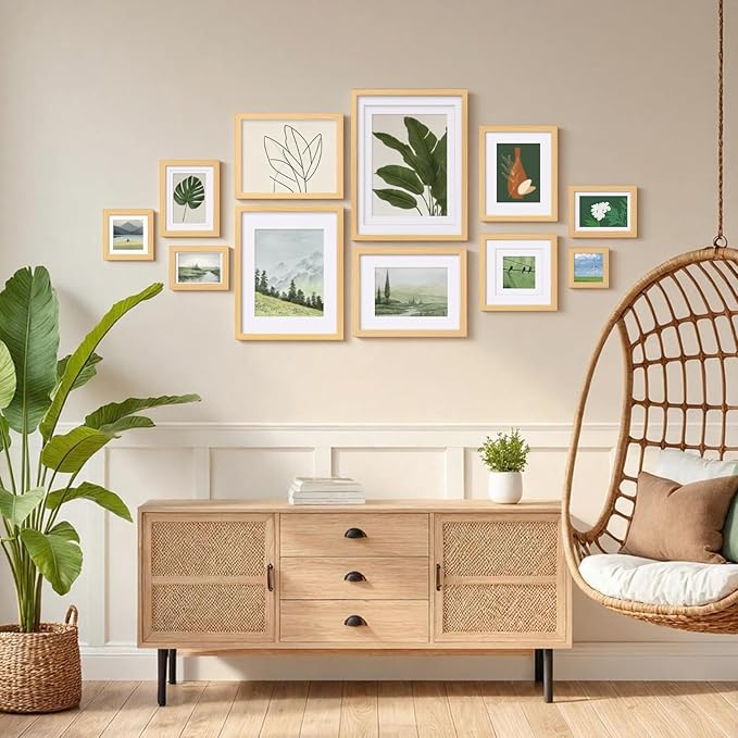 Egofine 8x10 Picture Frames Natural Wood Frames with Plexiglass, Display Pictures 4x6/5x7 with Mat or 8x10 Without Mat Set of 4 for Tabletop and Wall Mounting