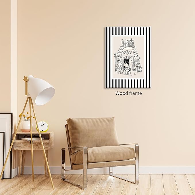 Black and White Stripe Sketch Wall Art French Paris Cafe Aesthetic Poster Funky Minimalist Canvas Prints 16X24 inch Framed for Kitchen Coffee Bedroom Wall Decor