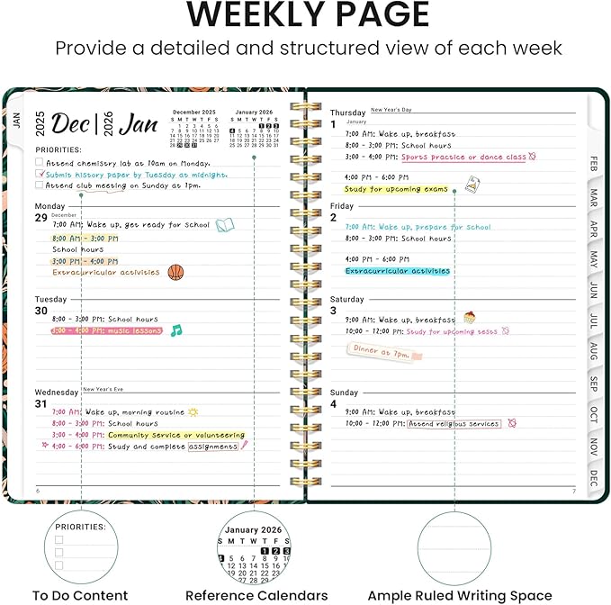2026 Planner, Monthly and Weekly Calendar Planner for Women, Jan 2026 - Dec 2026, Hardcover Pretty 2026 Agenda Planner Book with Tabs, Spiral Bound, Perfect for School Office Home Supplies, 6.3" x 8.5" - Verdant Bloom