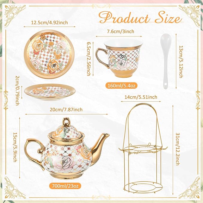 Zhehao 20 Pcs Porcelain Tea Set with Metal Holder and Spoon Adult Ceramic Tea Set European Flower Painting Teapot Cup Saucer Spoon for Women, Large Version(Delicate Style)