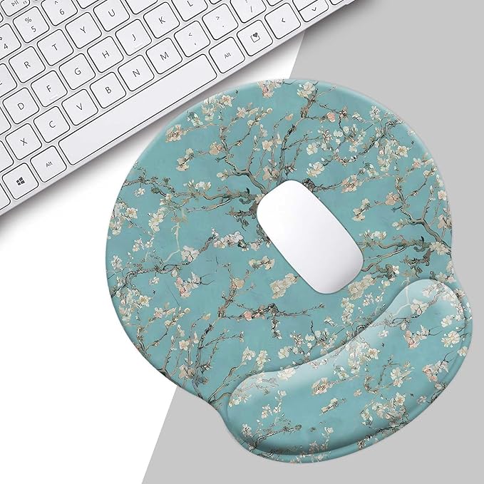 Square Floral Mouse Pad Wrist Rest, Decorative Beautiful Flowers Plants White Blooms Ergonomic Mousepad with Non-Slip Rubber Base, Personalized Premium-Textured Custom Mouse Mat Design