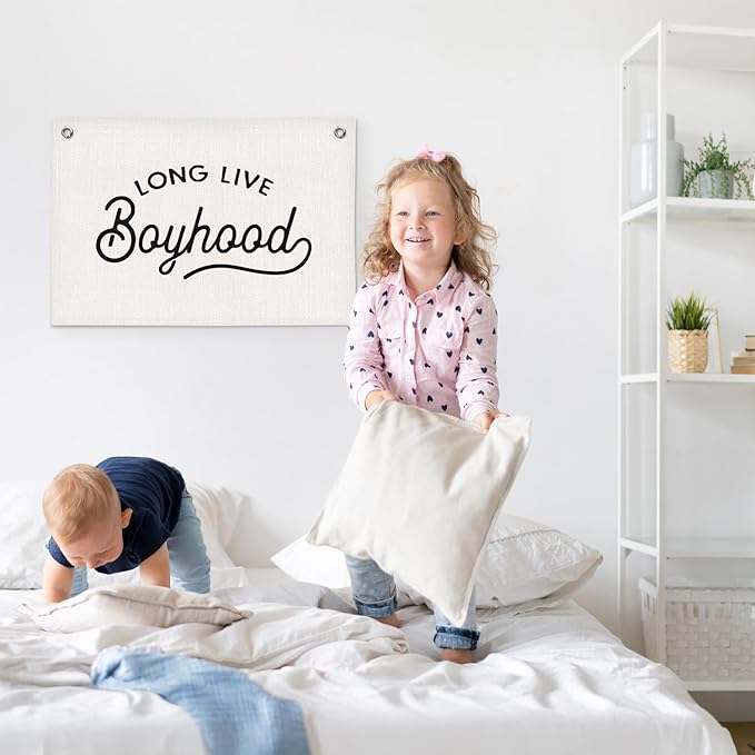 Long Live Boyhood Minimalist Boys Room Decor - Linen Banner Wall Hanging Canvas Banner Flag Decor for Toddler Boy Bedroom Nursery Playroom