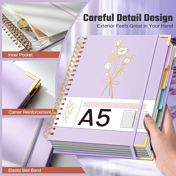 Hardcover Spiral Notebooks 6.1" X 8.4" Note Taking 5 Subject Notebook College Ruled with Dividers 240 Pages 100GSM Aesthetic Spiral Notebook for Work School Cute Journals for Women Writing, Purple
