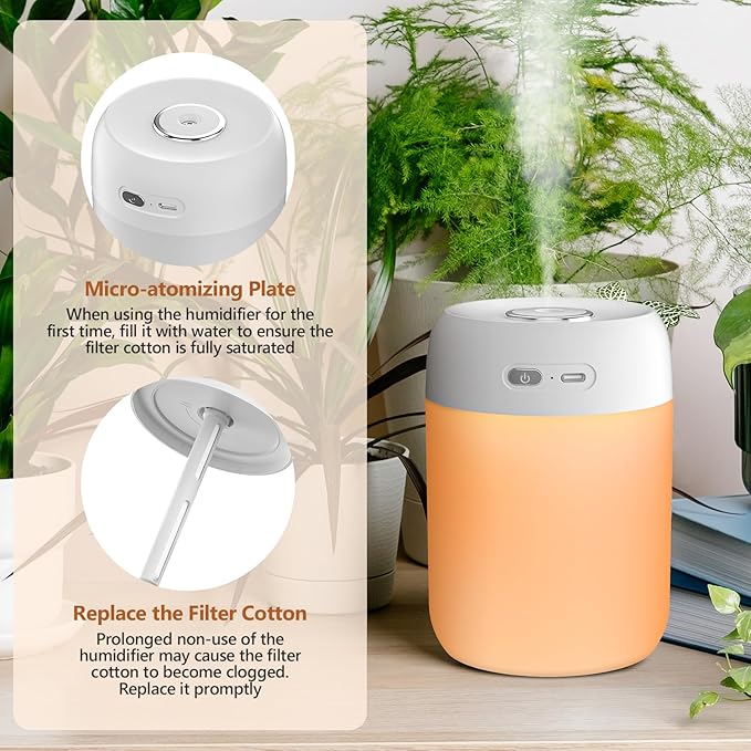 Portable Mini Humidifier, 650ml, Colorful LED Light & Warm Light, Cool Mist, USB, Personal Mini Humidifier for Desktop, Bedroom, Office, Home, Travel, Plants (White)