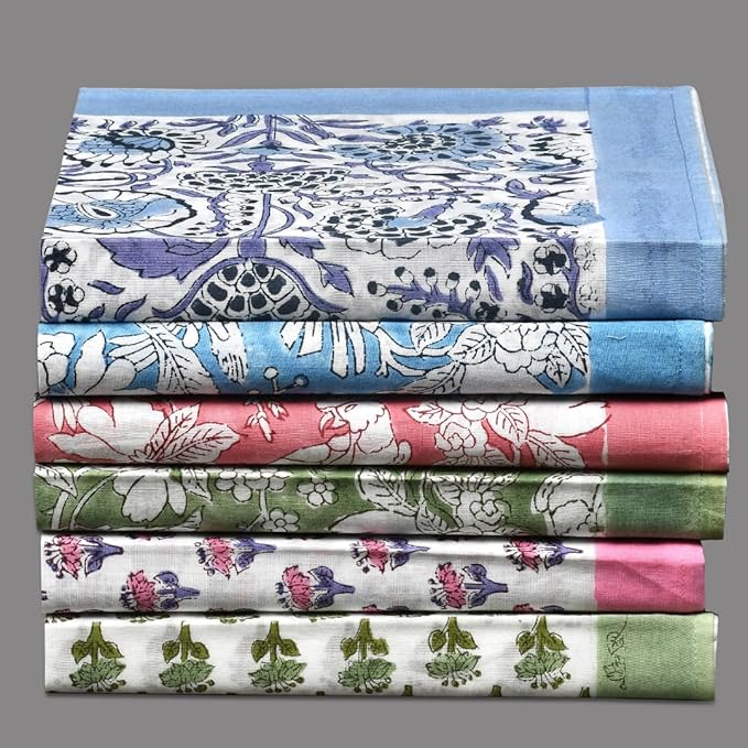 CPC Cloth Napkins 100% Cotton Set of 4 Reusable Napkins, Indian Block Print Toile Floral Dinner Napkin, Fall Thanksgiving Christmas Holiday Party Gift - Soft Absorbent Napkin, 18"x18" Mix Border