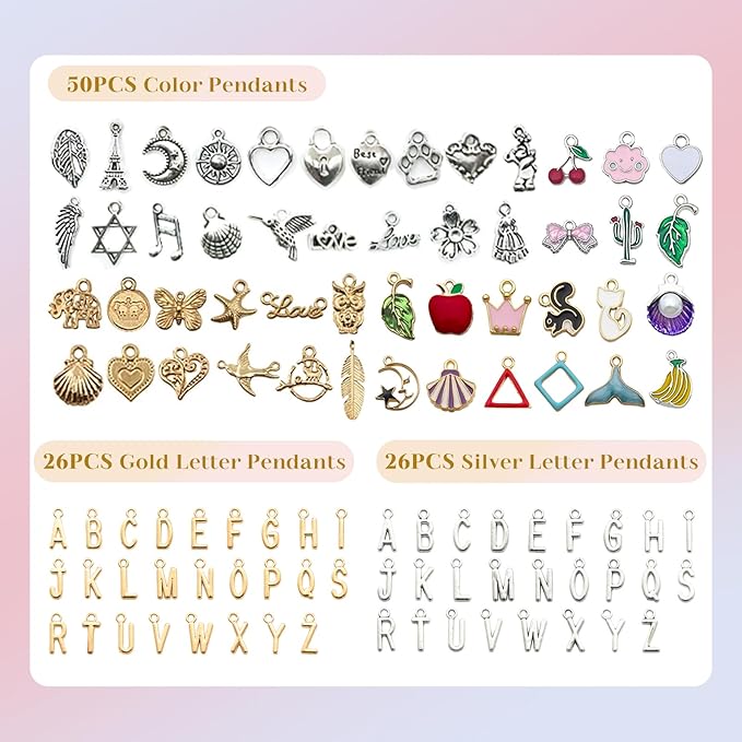 Wisreach 18K Gold & Silver Necklace Chain for Jewelry Making, 60 Feet 12 Rolls DIY Jewelry Chains, with Jump Rings, Clasps, Connectors, 52 Letter Pendants, 50 Mixed Color Pendants & Pliers