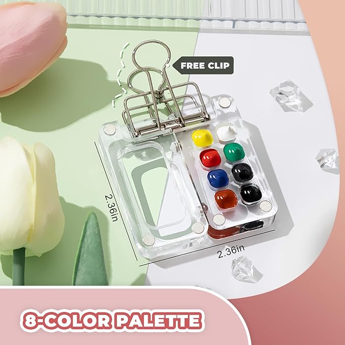 Mini Watercolor Paint Set Portable, Travel Grid Paint Palette Box with Binder Clips Include Paint, Brush*3 and Picture Album Art Materials Coloring Markers (Clear Acrylic-S)