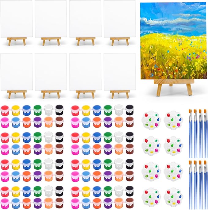 8 Pack Mini Canvas and Easel Set, 16 Acrylic Paint Set in 12 Colors with 16Brushes & 8 Paint Trays,8 X 10 in Mini Painting Canvas for Drawing, Art Painting Kits for Birthday Party Favors