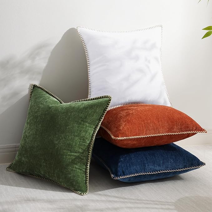 decorUhome Spring Chenille Soft Throw Pillow Covers 20x20 Set of 2, Farmhouse Velvet Neutral Decorative Pillow Covers with Stitched Edge for Couch Sofa Bed Home Decor, White