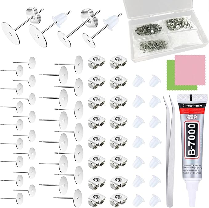 N NOROCME 665Pcs Earring Posts with Jewelry Glue Tweezers,Stainless Steel Jewelry Making Hypoallergenic Earring Posts and Backs,Stud Earrings with Butterfly Rubber Earring Backs DIY Making Findings