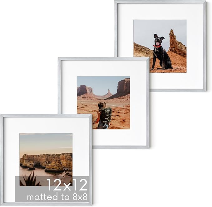 HAUS AND HUES 12x12 Silver Metal Picture Frames Matted to 8x8 - Features Premium Aluminum & Hanging Hardware, Shatterproof Plexiglass - Ideal for Home, Room, Office (12x12 in, Silver, Set of 3)