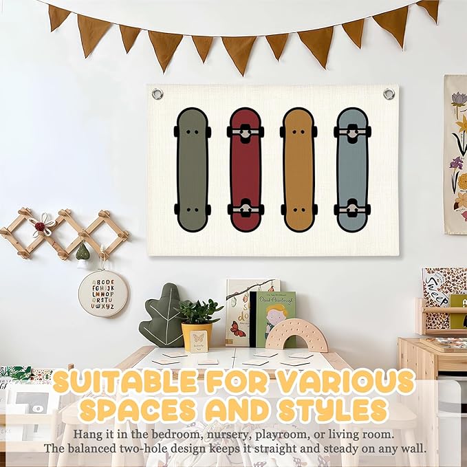 Boys Room Decor, Skateboard Sports Nursery Wall Hanging Canvas Banner Prints, Colorful Skateboard Wall Art Decor for Kids Boys Nursery Toddler Room Bedroom Playroom, 30x20 Inch