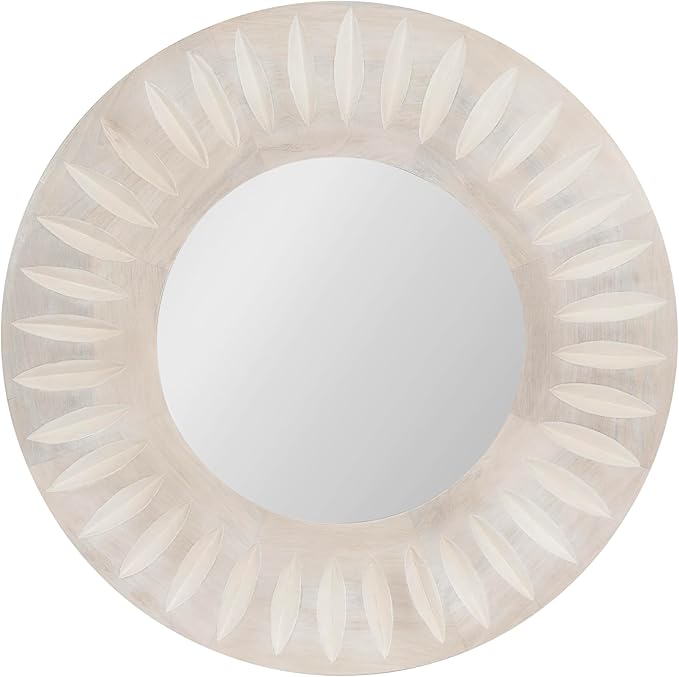 Kate and Laurel Usra Round Carved Wood Mirror, 26 Inch Diameter, Whitewash, Light Wooden Circle Mirror with Carved Indentation and Sunburst Wall Mirror Look