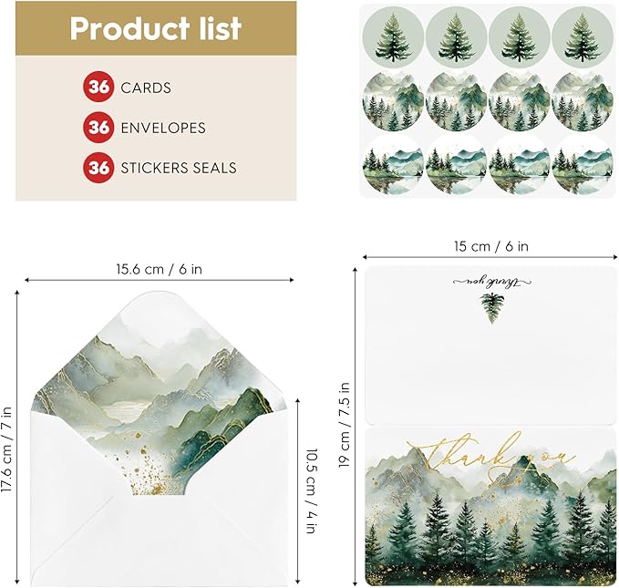 Artoid Mode 36 Pack Golden Polka Dot Tree Mountain Forest Thank You Cards Gift With Envelope Sticker Blank Note Greeting Cards, 4 x 6 Inch