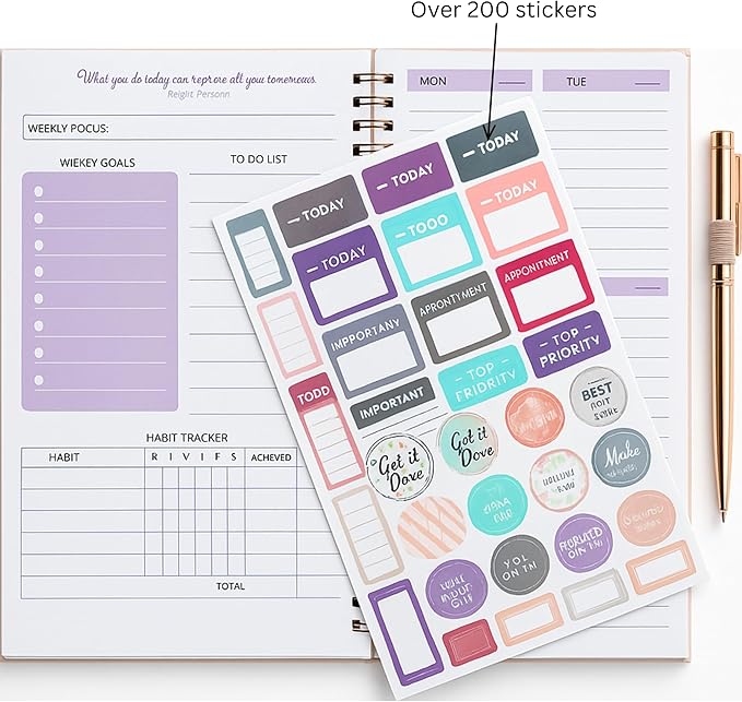 A5 Leather PU Planner & Journal Gift Set – Undated Weekly Spiral Notebook with Pen, Stickers & Box – Goal & Habit Tracker, Productivity Planner for Women & Men 5.8" x 8.0"