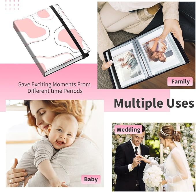 Mini Photo Album 2x3,60 Photos Capacity,PU Leather Cover with Elastic Band,High Definition Waterproof PP Pages for Family Wedding Anniversary Baby Record,Pink cow