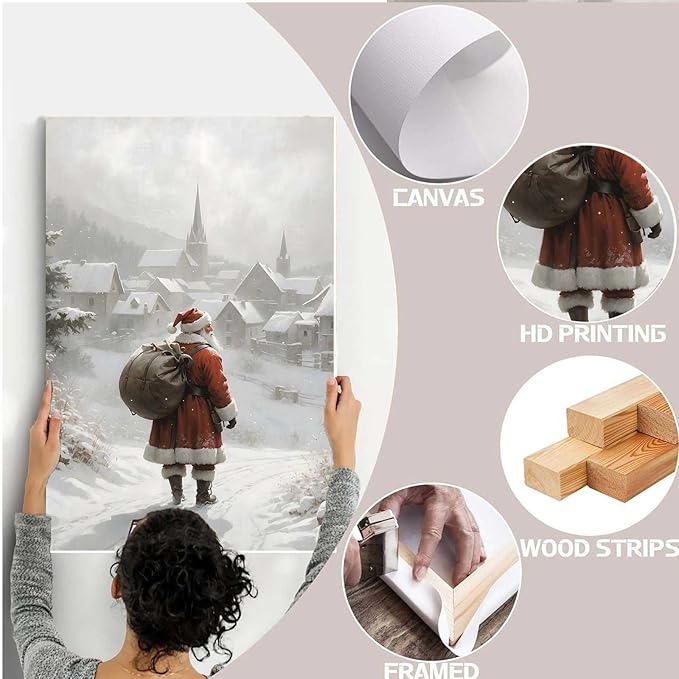 Framed Canvas Wall Art Vintage Santa Claus Wall Art Farmhouse Christmas Print Festive Holiday Home Decor Santa Claus Painting 12x18in Wood Framed