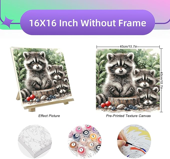 BYGFHLYW Animals Paint by Numbers Kit for Adults Beginners, Raccoon Family Easy Adult Paint by Number Kits On Canvas, DIY Acrylic Oil Painting Kits for Home Wall Decor 16x16Inch