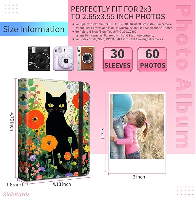 Mini Photo Album 2x3,60 Photos Capacity,PU Leather Cover with Elastic Band,High Definition Waterproof PP Pages for Family Wedding Anniversary Baby Record,Black Cat Wildflower