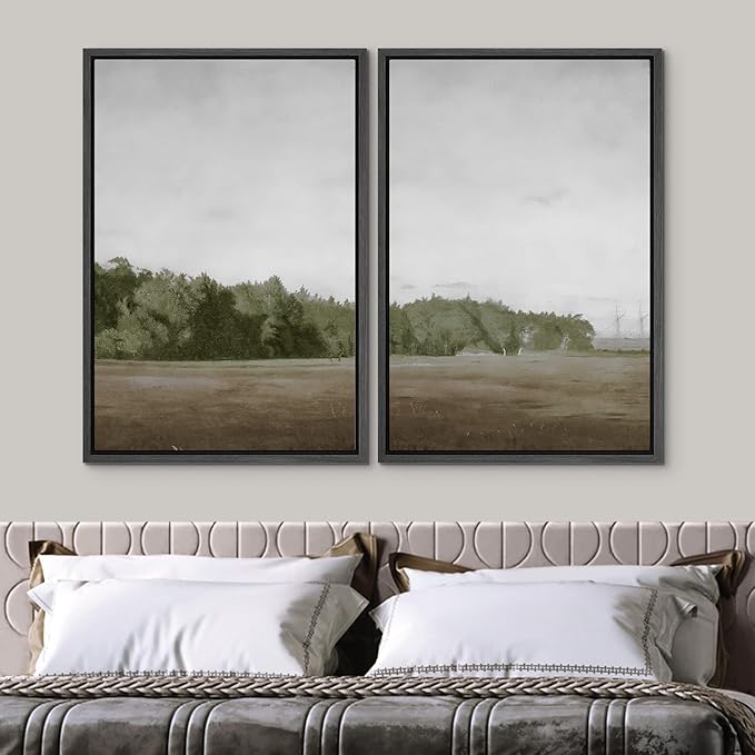 SIGNWIN Framed Canvas Print Wall Art Set Green Mountain Hill Forest Landscape Nature Wilderness Illustrations Fine Art Farmhouse/Country Minimal for Living Room, Bedroom, Office - 16"x24"x2 Black