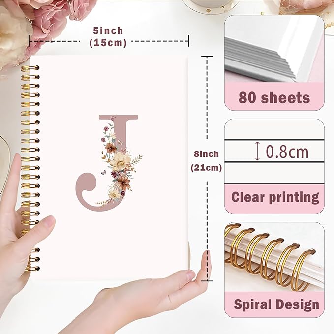 Lacama Customized Monogrammed Gifts, Pink Initial Letter J Notebook Journal, Birthday Gifts for Women, Aesthetic Wildflower Personalized Spiral Notebook, School Supplies, Office Supplie 5.5x8.3