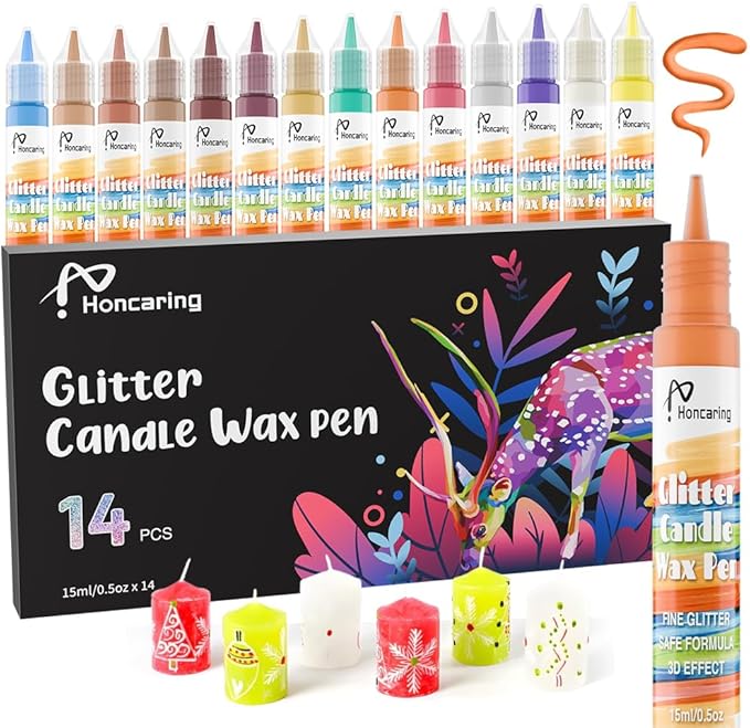 Candle Wax Pen, Easy to Use Glitter Painting Pen, 14 Glitter Colors Set for Candle Blessing Writing, Decorating & More DIY Crafts(15ml/0.5oz*14)