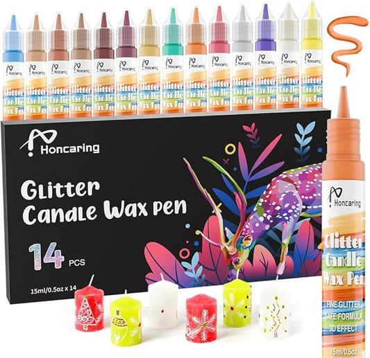 Candle Wax Pen, Easy to Use Glitter Painting Pen, 14 Glitter Colors Set for Candle Blessing Writing, Decorating & More DIY Crafts(15ml/0.5oz*14)