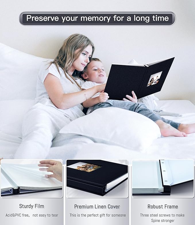 Popotop Photo Album Self Adhesive with Picture Display Window,40 Pages DIY Scrapbooking Supplies Kit for 4x6 8x10 Picture,Linen Cover Memory Book for Baby Wedding, with Scraper and Metallic Pen