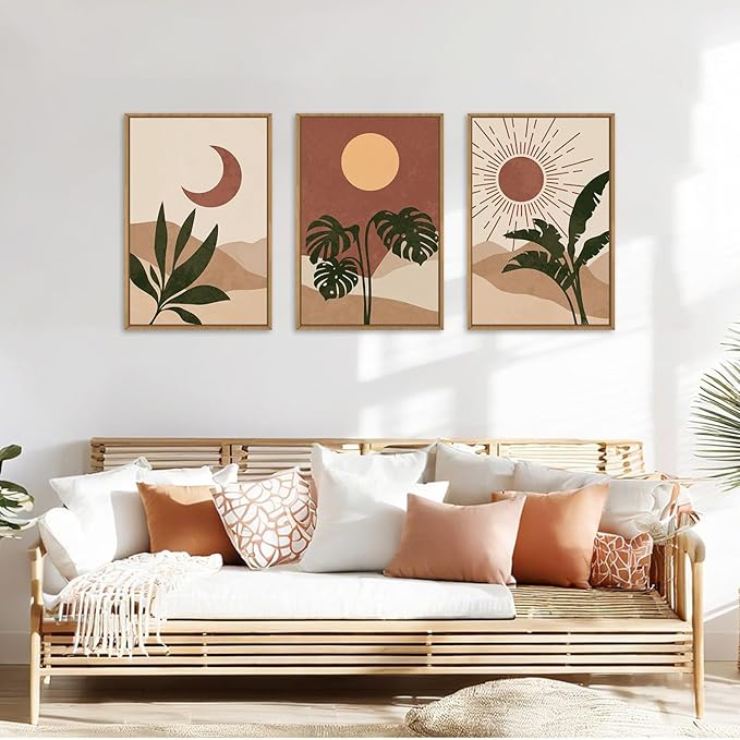 KAIRNE Mid-Century Modern Wall Art Set of 3, Boho Sun and Moon Wall Decor, Bohemian Abstract Botanical Wall Painting, Modern Nature Art Prints for Living Room, Bedroom, Office - 24"x36"