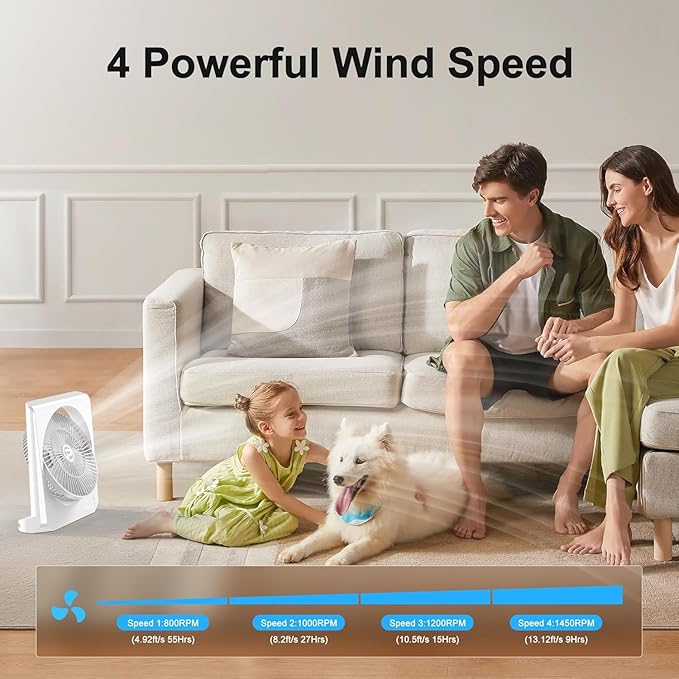 PANERGY 20000mAh Rechargeable Battery Powered Fan - 10" Square Box Fan with 55H Runtime, 4 Speeds & Timer, 270° Pivot, Cordless & Portable for Home, Patio, Camping, Travel, Power Outages (No Remote)