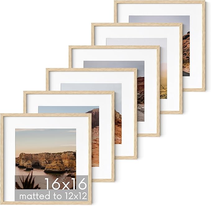 HAUS AND HUES Beige Oak Wood 16x16 Picture Frames - Set of 6, Square Frames with Mat, Premium Frames for Wall Display (16x16 in, Beige, Set of 6)