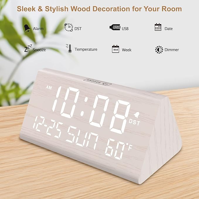 DreamSky Digital Alarm Clocks for Bedrooms - Wooden Desk Clock with Date, Day of Week, USB Port, Temperature, Dimmer for Bedside Table, Living Room, Office, Adjustable Volume, Auto DST, Wood Decor
