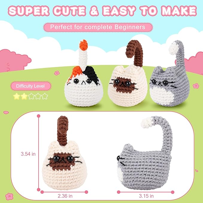 Cat Crochet Kit for Beginners-3PCS Cats Crochet Kits for Adults, Crochet Starter Kit with Step-by-Step Video Tutorials,Crochet Animal Kits Knitting Kit DIY Craft Learn to Crochet Kits for Adults