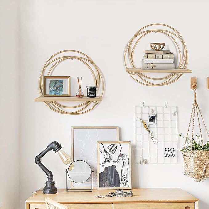 Oakrain Small Floating Shelves Set of 2, 11" Gold Wall Mounted Hanging Shelf with Metal Frame Wood Round Wall Shelves for Storage, Living Room Decor, Bathroom, Kitchen, Bedroom, Office