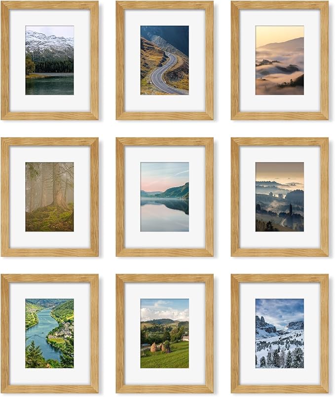 8x10 Picture Frame Set of 9, Display Pictures 5x7 with Mat or 8 x 10 Without Mat, Multi Photo Frames for Wall Mounting or Table Top Display, Natural Oak