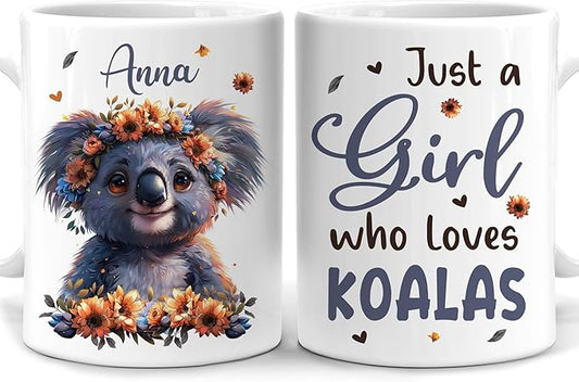 Hyturtle Personalized Cute Koala Coffee Mug - Gift For Koala Lover - Just A Girl Who Loves Koalas - Koala Gift For Women - Animal Lover Gift - Birthday - Custom Coffee Cup Ceramic Mug 11oz - 15oz