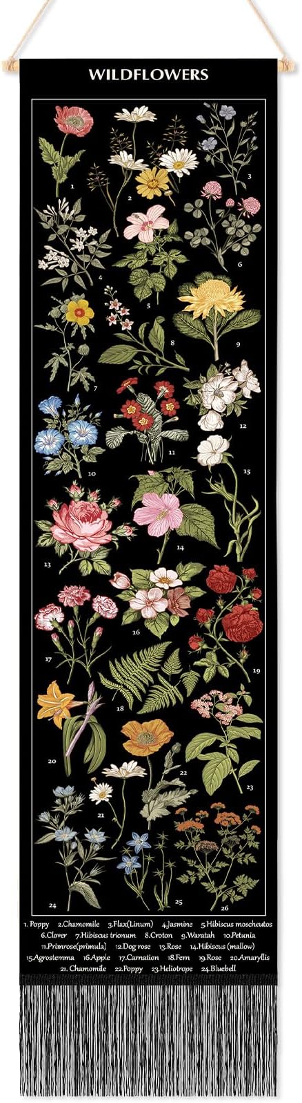 Geetery Vintage Floral Vertical Tapestry Wall Hanging Long Narrow Wall Fabric Flower Hanging Reference Illustrative Botanical Tassel Tapestry for Home Decor Gift (Black)