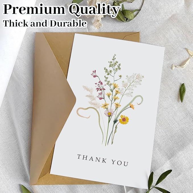 96 Pack Floral Thank You Cards with Envelopes, Wildflower Thank You Notes with Kraft Envelopes for Wedding Bridal Shower Baby Shower Teachers Graduation, 4 x 6 Inch