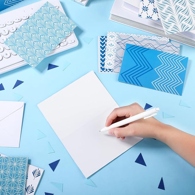 100 Pcs Blue Hue Floral Design Blank Greeting Cards 4x6, Geometric Silver Foil Blank Cards, 10 Designs, Great Stationary Set for All Occasions with Matching White Envelopes and Stickers