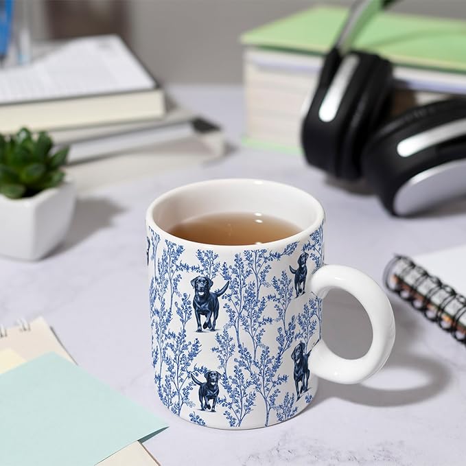 Black Lab Blue French Toile Coffee Mug, Labrador Lover Gifts for Women, Blue Toile Coffee Cup for Black Lab Mom, Pet Dog Lovers Tea Coffee Mug Birthday Gifts for Dog Owners, 15 oz